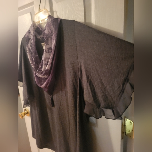 Plus Size Ruffle Short Sleeve Solid Knit Top with Attached Fringe Tassel Scarf - Picture 6 of 11